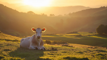 Asturian cow sitting in a field at sunset, the national park landscape glowing with warmth and tranquility as the day fades.の素材