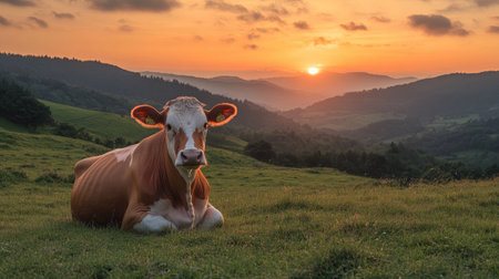 Asturian cow sitting in a field at sunset, the national park landscape glowing with warmth and tranquility as the day fades.の素材