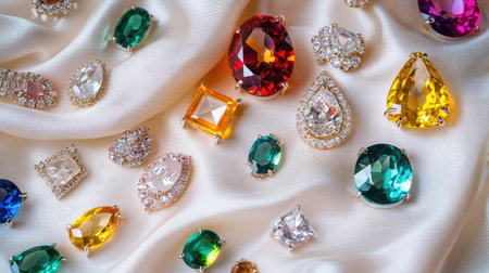 Assorted gem necklaces, rings, and earrings with vibrant stones laid out on luxurious fabric and a white background, highlighting their sparkle.の素材