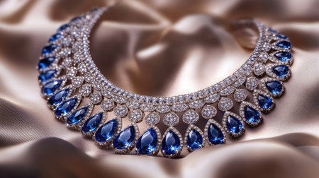 Beautiful diamond necklace with deep blue gems, carefully displayed on a silk background, with selective focus enhancing its luxurious eleganceの素材