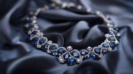 Beautiful diamond necklace with deep blue gems, carefully displayed on a silk background, with selective focus enhancing its luxurious eleganceの素材