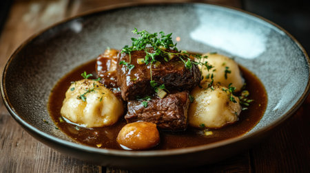 Boiled beef served with soft dumplings and gravy, garnished with herbs on a rustic plate. The dish looks rich and inviting.の素材