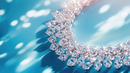 Beautiful diamond necklace arranged on a bright blue surface, captured from above, emphasizing the sparkling stones and refined craftsmanshipの素材