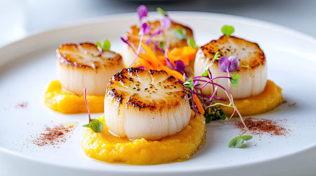 Beautifully plated fine dining dish on a pristine white plate, featuring seared scallops with a vibrant vegetable puree and microgreens, set against a minimalist background.の素材