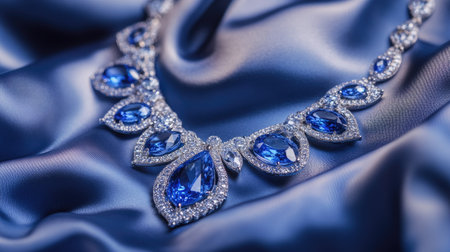 Beautiful diamond necklace with deep blue gems, carefully displayed on a silk background, with selective focus enhancing its luxurious eleganceの素材