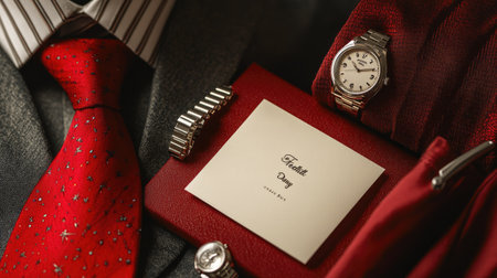 Close-up of a Father's Day greeting card surrounded by a red tie, classic watch, and cufflinks, creating a classy and thoughtful gift concept.の素材