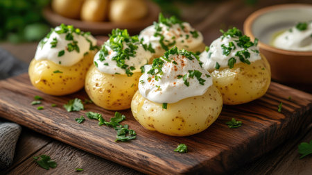 Boiled potatoes with sour cream, garnished with fresh herbs, served on a rustic wooden board. The textures and colors are warm and inviting.の素材