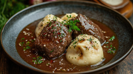 Boiled beef with dumplings and a savory sauce, garnished with fresh herbs on a rustic plate. The dish is warm and inviting.の素材