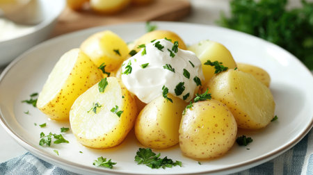 Boiled potatoes arranged on a white plate with a dollop of sour cream and fresh parsley, creating a comforting, home-cooked meal.の素材
