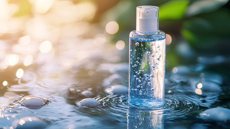 Bottle of hyaluronic acid skincare on water with sunlight reflections. Hydration theme with nature and purity. Close-up focus on water droplets.の素材