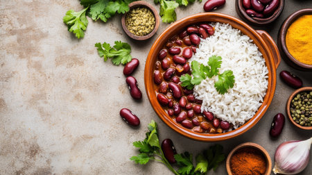 Clay bowl filled with Rajma kidney bean curry and rice, surrounded by raw beans, spices, and fresh coriander, set against a concrete background.の素材