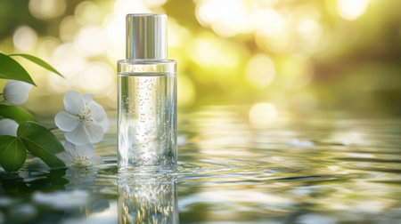 Clear cosmetic bottle in shallow water with soft, natural lighting and reflections. Skin hydration and nature are the themes. Hyaluronic acid formula.の素材
