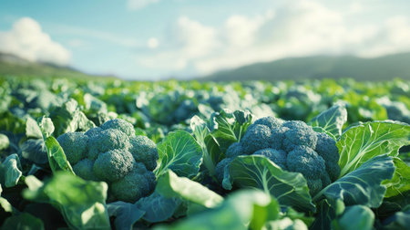 Broccoli growing in an organic field, its green heads standing tall among other Brassica oleracea species, including cabbage and cauliflower. A nutritious, widely cultivated vegetableの素材