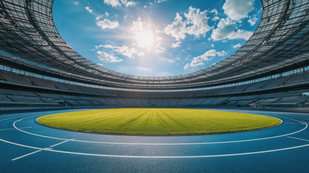 Circular running track in a football stadium, creating a perfect loop around the field, with bright lanes and open skies.の素材
