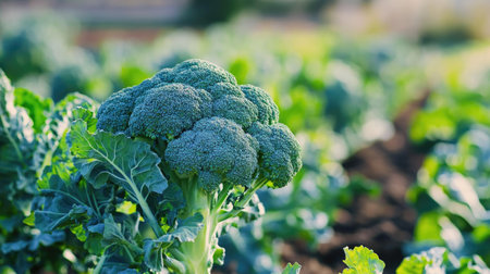 Broccoli growing in a field, its dense green florets a staple of the Brassica oleracea family, related to cabbage and cauliflower. A nutritious and widely grown vegetableの素材