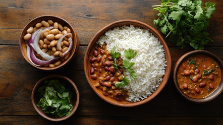Classic North Indian meal of Rajma Chawal, with kidney beans in a spicy curry served alongside fluffy boiled rice. Fresh coriander adds a pop of color.の素材