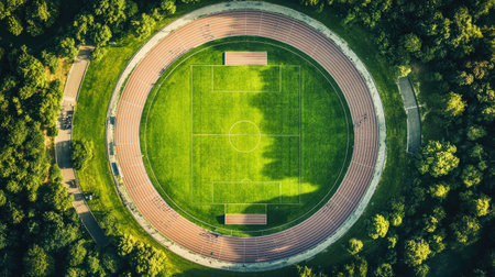 Circular running track around a stadium field, with the vibrant green pitch in the center, waiting for athletes to compete.の素材