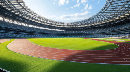Circular running track wrapping around a football field in a large stadium, with no athletes, focusing on the calm before competition.の素材