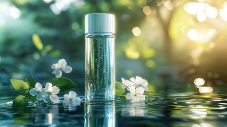 Clear cosmetic bottle in shallow water with soft, natural lighting and reflections. Skin hydration and nature are the themes. Hyaluronic acid formula.の素材