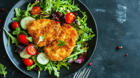 Flat lay of a breaded chicken schnitzel and a fresh vegetable salad with greens and cherry tomatoes, on a plate over a dark background. Perfect for casual dining themesの素材
