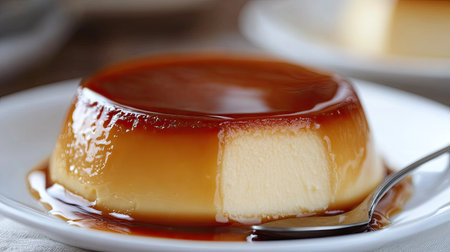 Flan dessert with a glossy caramel sauce, served on a white dish with a small silver spoon. A comforting and sweet treat for dessert loversの素材