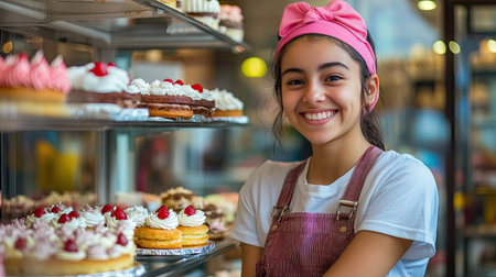 Happy young cake shop employee, smiling as she arranges cakes in the display case, with the shopaes bright and colorful interior enhancing the cheerful moodの素材