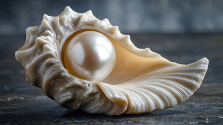 A carved shell elegantly embraces a bright pearl, the intricate design of the shell wrapping around the smooth surface, creating a refined, sophisticated image.の素材