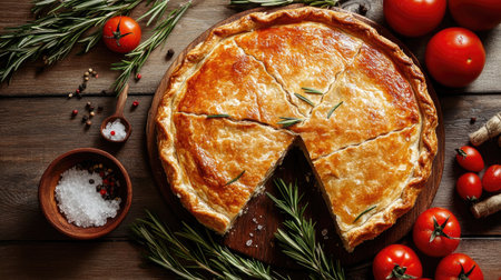 A golden savory pie with a missing slice, surrounded by fresh rosemary, tomatoes, salt, and pepper on a wooden table. A beautiful, home-cooked food scene emphasizing healthy eatingの素材
