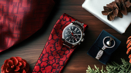 A Fatheraes Day greeting card paired with a red menaes tie, elegant watch, and cufflinks, perfectly arranged for a chic gift setup.の素材