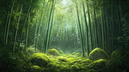 A dense bamboo forest with towering stalks of bamboo, moss-covered stones, and a soft, green ground. The calm, quiet atmosphere creates a peaceful natural retreatの素材