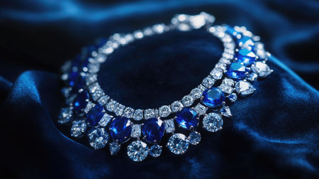 A diamond necklace with sapphire-like gems displayed on a dark velvet background, selective focus emphasizing the deep blue hues and clarity of the stonesの素材