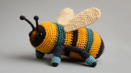 A handmade knitted bee, part of a larger amigurumi insect toy set, displayed on a neutral background, showcasing the intricate stitching and vibrant colors.の素材