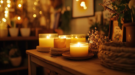 A cozy setup featuring handmade soy wax candles, their warm glow and natural materials creating a peaceful, eco-friendly atmosphere.の素材