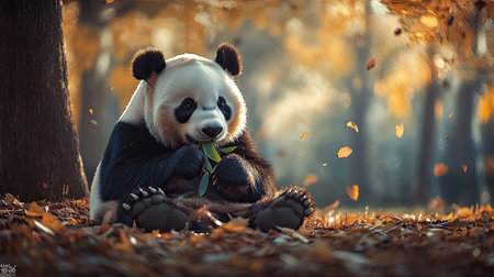 A giant panda sitting comfortably on the ground, chewing on green bamboo leaves in a park. Surrounded by fallen leaves, the panda looks peaceful and contentの素材