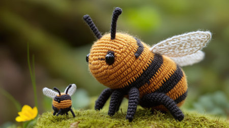 A handmade knitted bee, complete with tiny wings and stripes, part of a whimsical amigurumi toy set featuring other cute insect characters.の素材