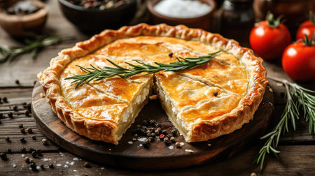 A golden savory pie missing a slice, decorated with rosemary, and surrounded by salt, pepper, and tomatoes on a rustic kitchen table. Home-cooked food for healthy eatersの素材