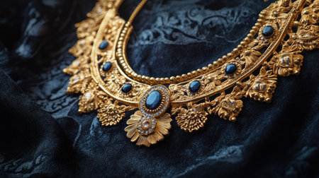 A gold necklace with intricate details and gemstone embellishments, elegantly arranged on a dark velvet backdrop, showcasing luxury and eleganceの素材