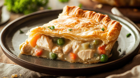 A hearty slice of chicken pot pie on a plate, revealing its rich filling of creamy chicken and vegetables. The flaky pastry crust adds a delicious crunchの素材