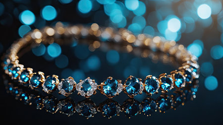 A diamond necklace with delicate blue stones placed on a reflective surface, with selective focus enhancing the shine and deep blue color of the gemsの素材