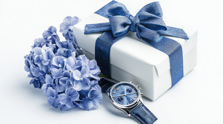 A gift set for men, including cufflinks, a watch, blue flowers, and a stylish gift box wrapped in a blue bow, perfect for Father's Day, isolated on white.の素材