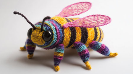 A handmade knitted bee, part of a larger amigurumi insect toy set, displayed on a neutral background, showcasing the intricate stitching and vibrant colors.の素材