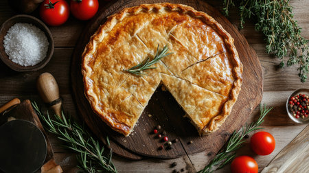 A golden-baked savory pie with a missing slice, surrounded by rosemary sprigs, tomatoes, and seasonings like salt and pepper on a wooden table. Home-cooked goodness with a healthy focusの素材