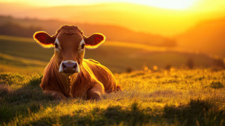 A cow from the Asturian Mountain breed sits calmly on the grass, bathed in sunset light, with the peaceful beauty of a national park all around.の素材