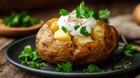 A beautifully plated baked potato with butter and sour cream, complemented by fresh parsley and seasoning, set against a rustic wooden backgroundの素材
