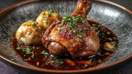 A beautifully baked duck leg served with dumplings, garnished with fresh herbs and drizzled with a rich sauce. The textures are perfectly captured.の素材