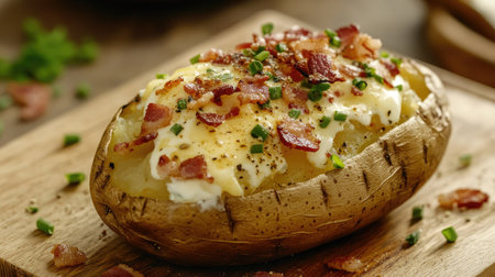 A deliciously soft baked potato, filled with creamy butter and tangy sour cream, with a sprinkle of fresh chives and crispy bacon, ready for servingの素材