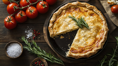 A savory pie with a missing slice, topped with rosemary and surrounded by fresh tomatoes, salt, and pepper on a rustic wooden table. Perfect for a healthy home-cooked meal sceneの素材