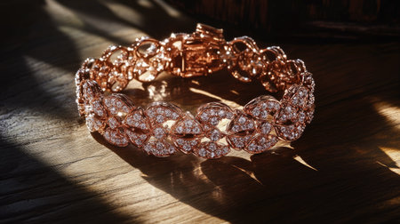 A rose gold bracelet encrusted with diamonds placed artistically on a wooden table, with dramatic shadows enhancing the sparkle of the jewelsの素材