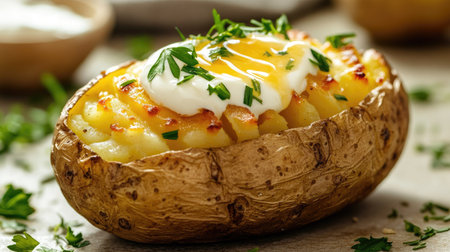 A crispy-skinned baked potato, topped with golden melted butter and a creamy swirl of sour cream, garnished with fresh herbs, ready to eatの素材
