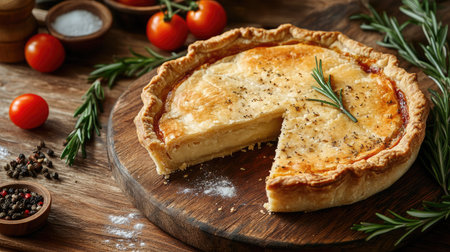 A savory pie, golden and baked, with a slice missing. Fresh rosemary, tomatoes, and seasoning like salt and pepper surround it on a wooden table. A healthy home-cooked mealの素材